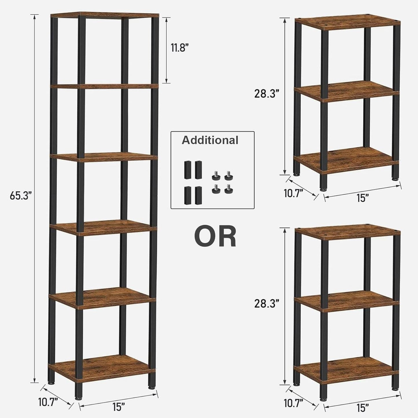 Six Tier Tall Bookshelf Narrow Rustic Brown Bookcase