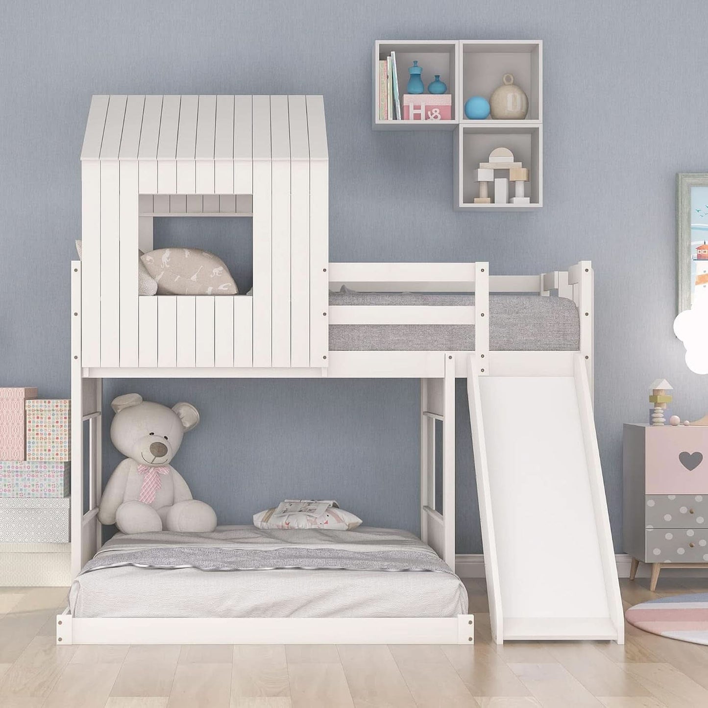 Twin Over Full Bunk Bed With Slide With Guardrails White