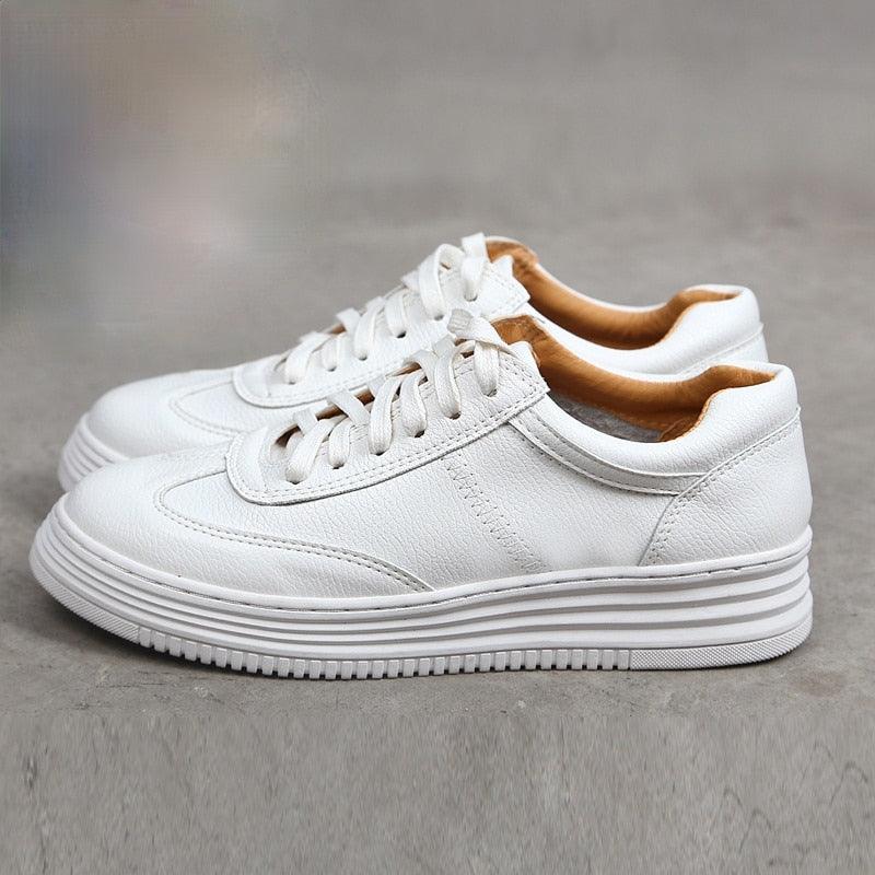 White Split Leather Lace Up Casual Luxury Leather Women's Fashion Flat Sneakers