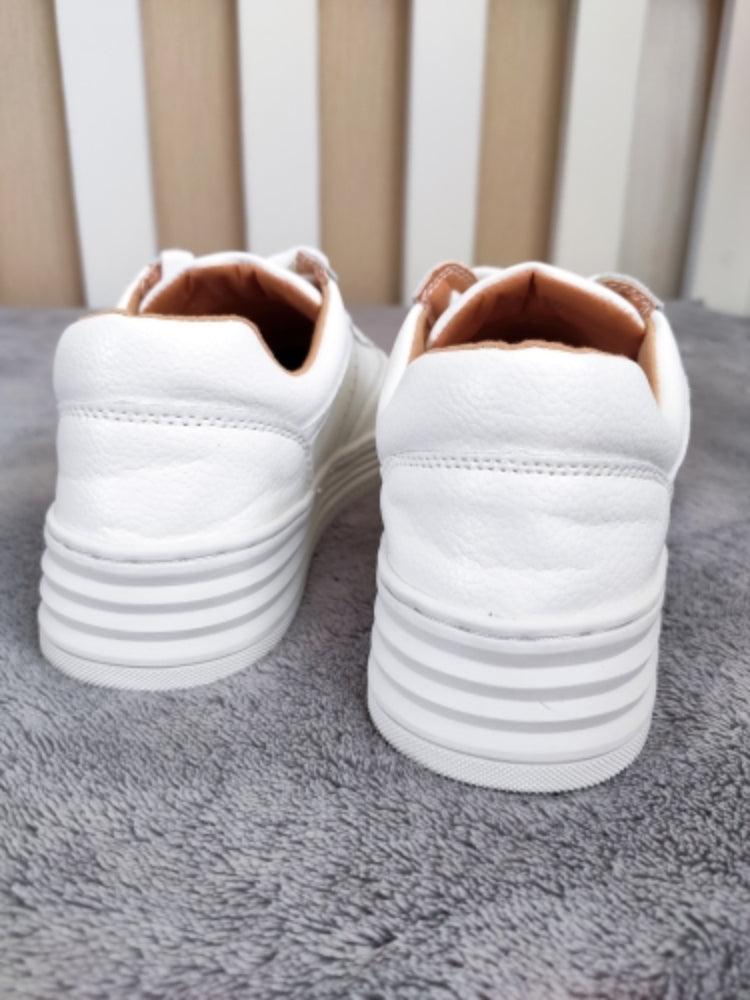 White Split Leather Lace Up Casual Luxury Leather Women's Fashion Flat Sneakers