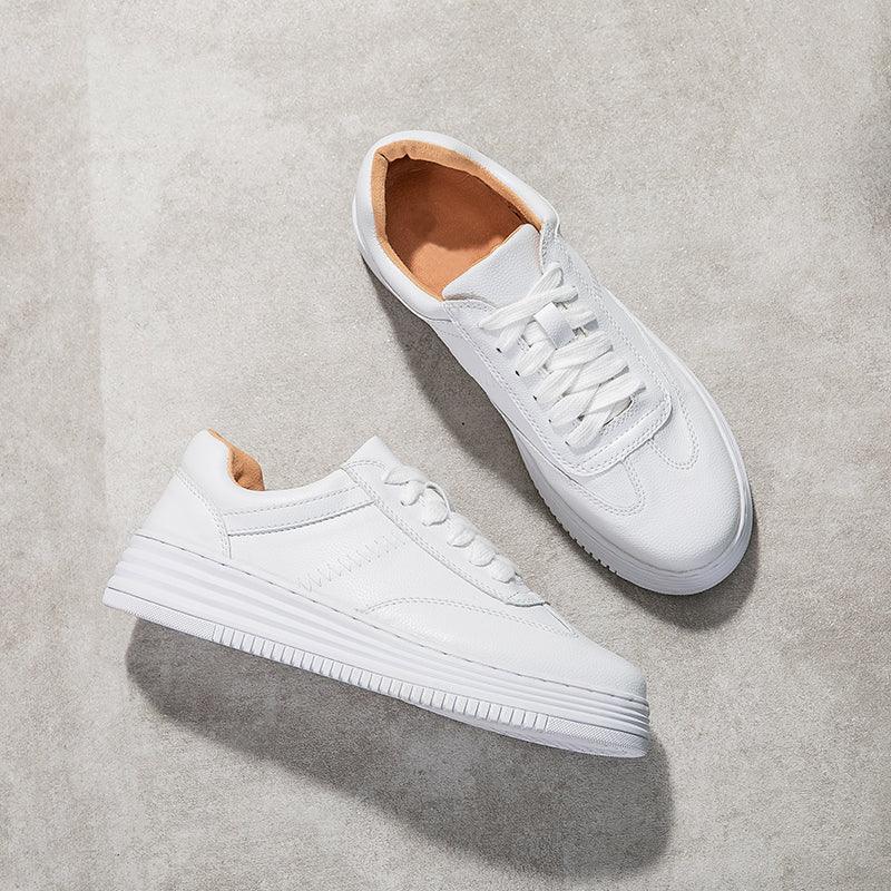 White Split Leather Lace Up Casual Luxury Leather Women's Fashion Flat Sneakers