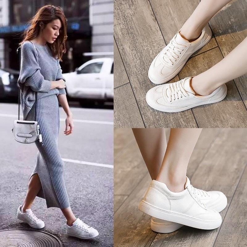 White Split Leather Lace Up Casual Luxury Leather Women's Fashion Flat Sneakers