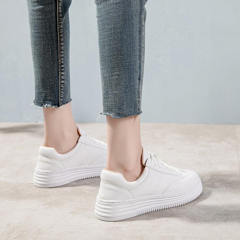 White Split Leather Lace Up Casual Luxury Leather Women's Fashion Flat Sneakers