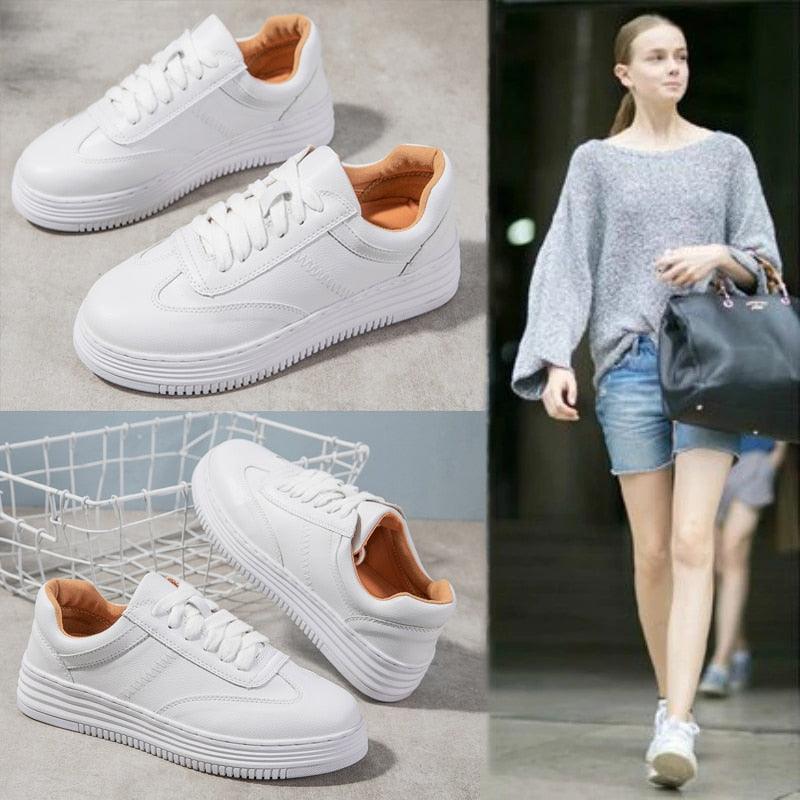 White Split Leather Lace Up Casual Luxury Leather Women's Fashion Flat Sneakers