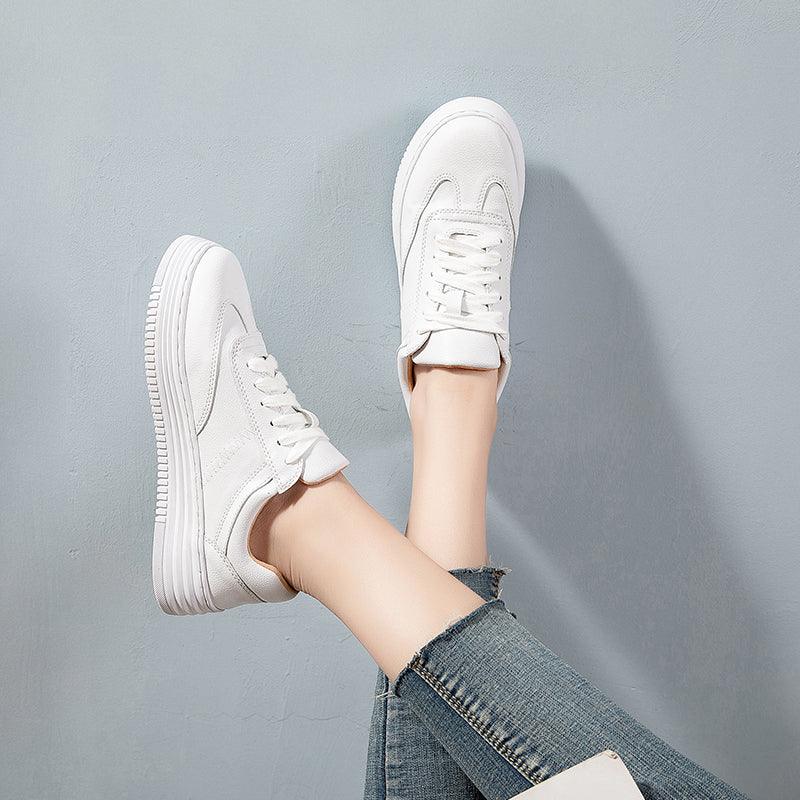 White Split Leather Lace Up Casual Luxury Leather Women's Fashion Flat Sneakers