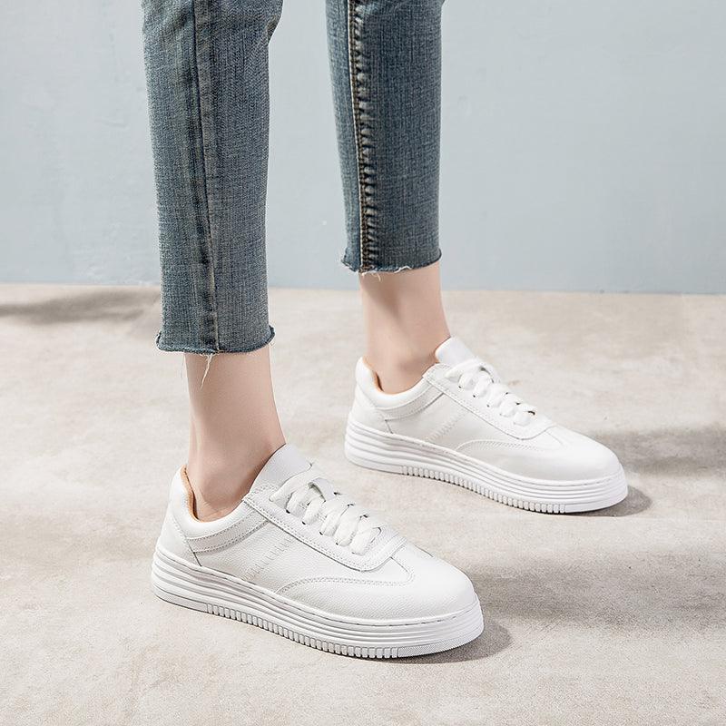 White Split Leather Lace Up Casual Luxury Leather Women's Fashion Flat Sneakers