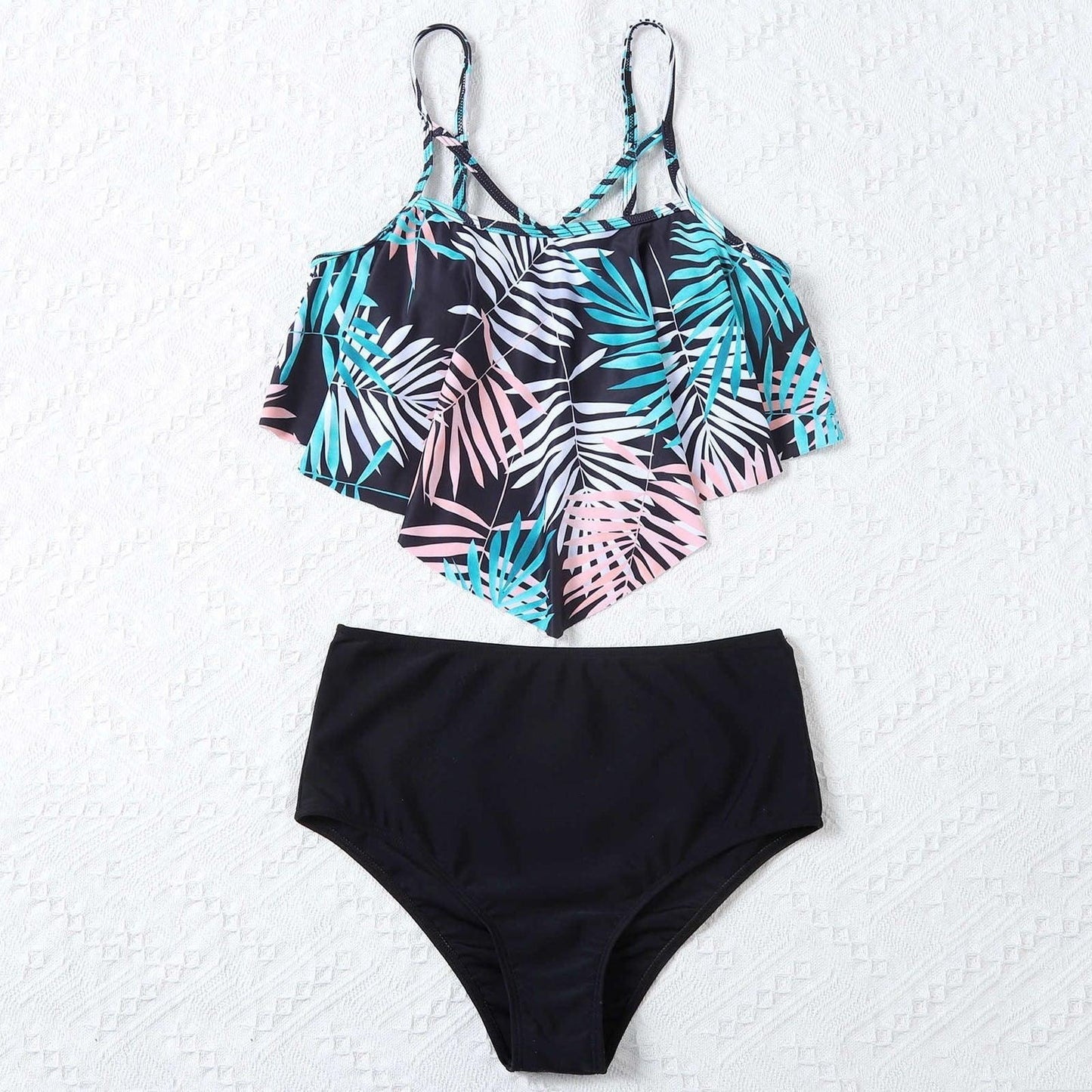Fashionable And Stylish Design Women Leaf Print Soft Comfortable Suitable High Waist Swimsuit