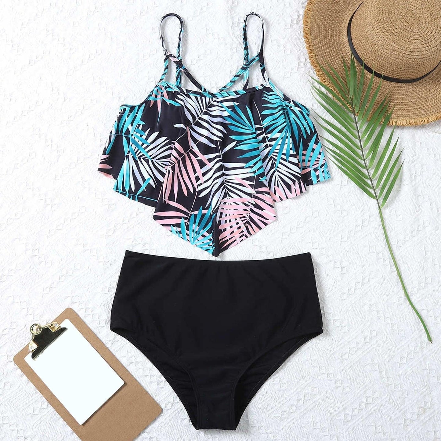 Fashionable And Stylish Design Women Leaf Print Soft Comfortable Suitable High Waist Swimsuit