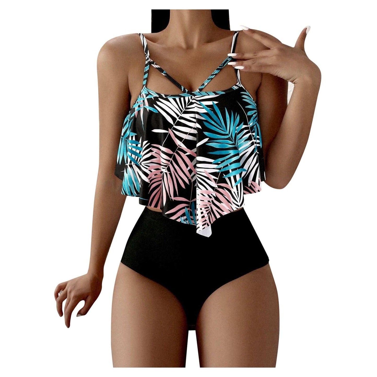 Fashionable And Stylish Design Women Leaf Print Soft Comfortable Suitable High Waist Swimsuit