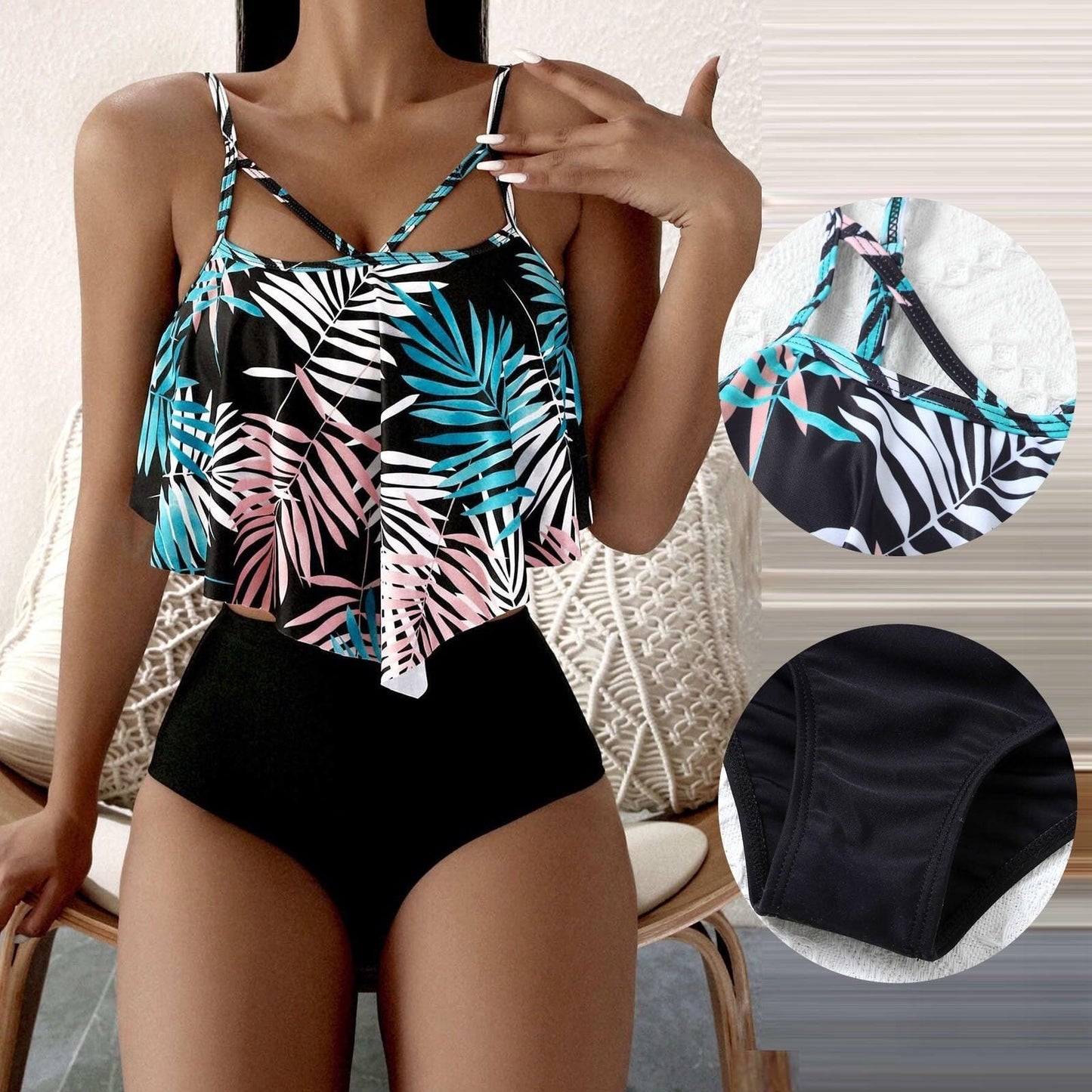 Fashionable And Stylish Design Women Leaf Print Soft Comfortable Suitable High Waist Swimsuit