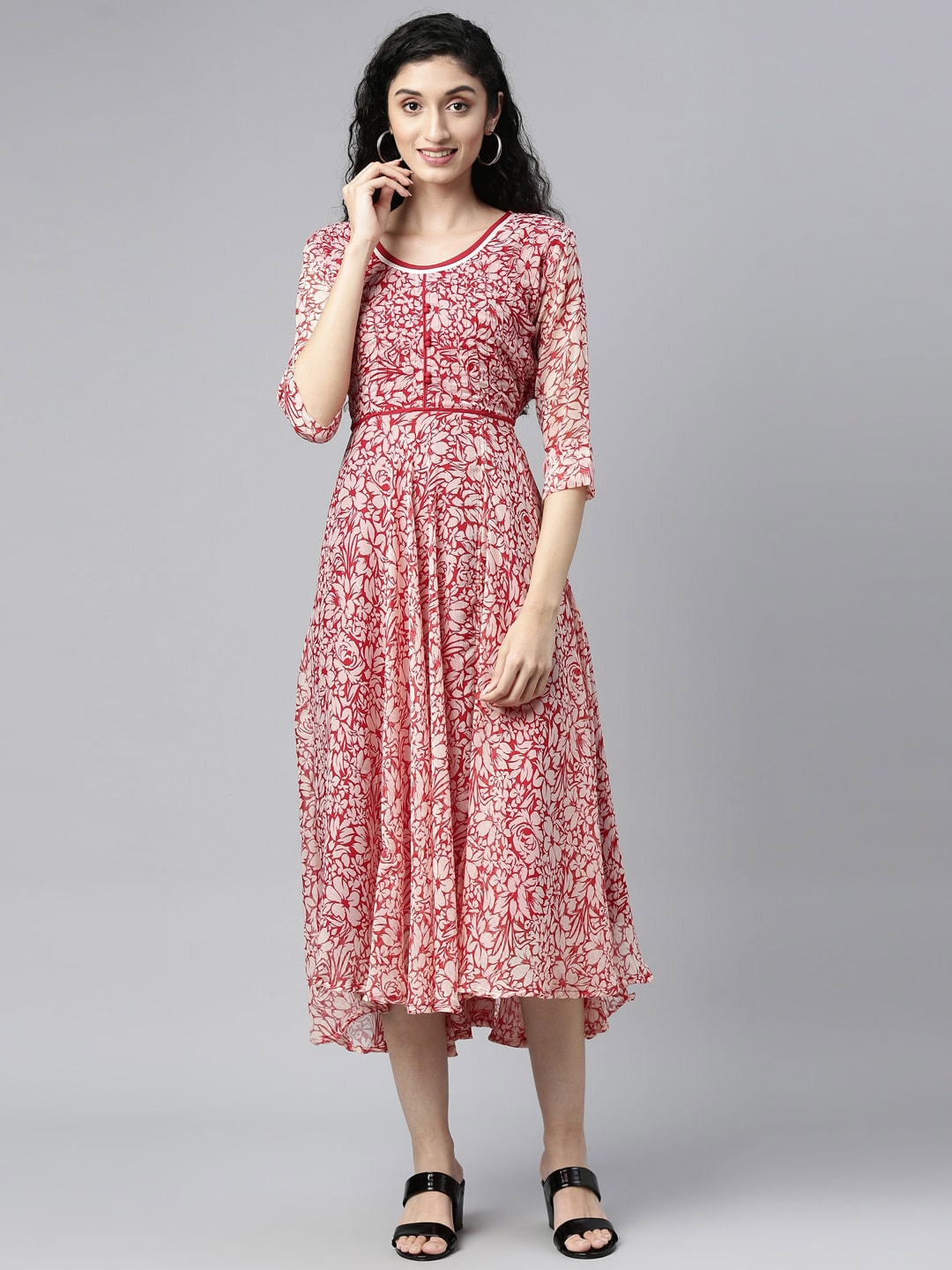 Souchii White & Red Floral Layered Chiffon Midi Dress