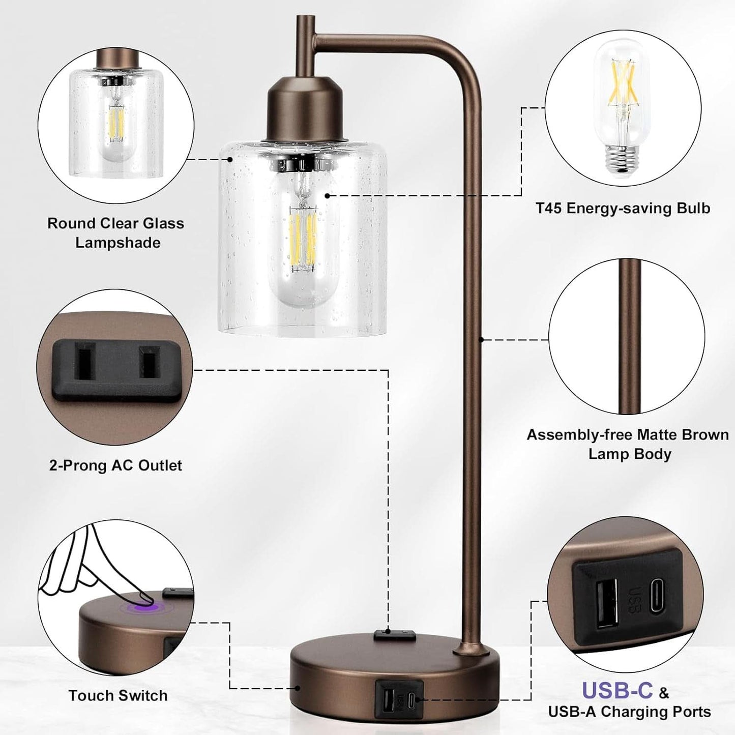 Brown Table Lamps 3-Way Dimmable With USB Ports Set Of 2