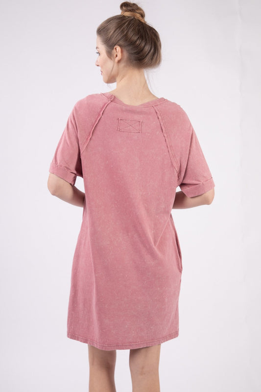 Woman Dress Casually Washed Round Neck Mini Tee Dress - Effortlessly Chic Casual Dress with Pocketed Design