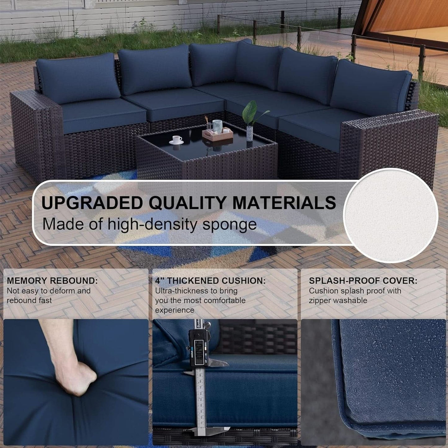 Navy Blue 6 Piece Outdoor Patio Sectional Sofa Set With PE Rattan