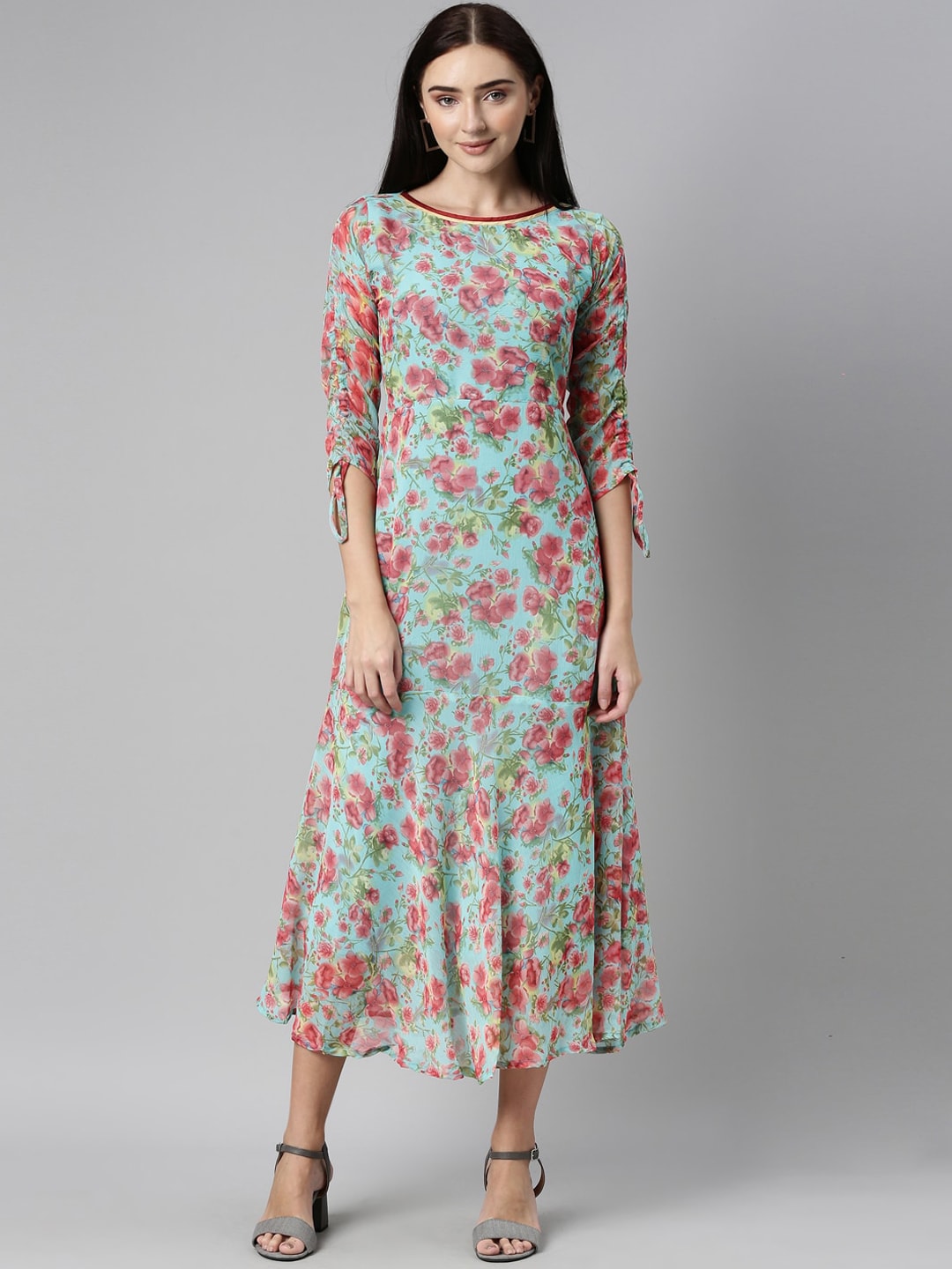 Souchii Turquoise Blue Floral Printed Chiffon A-Line Midi Dress