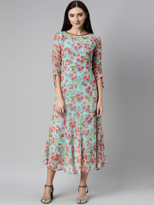Souchii Turquoise Blue Floral Printed Chiffon A-Line Midi Dress