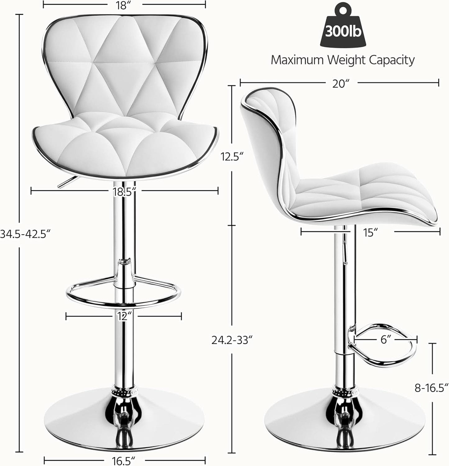 Bar Stools Set Of 2 White PU Leather Adjustable Swivel