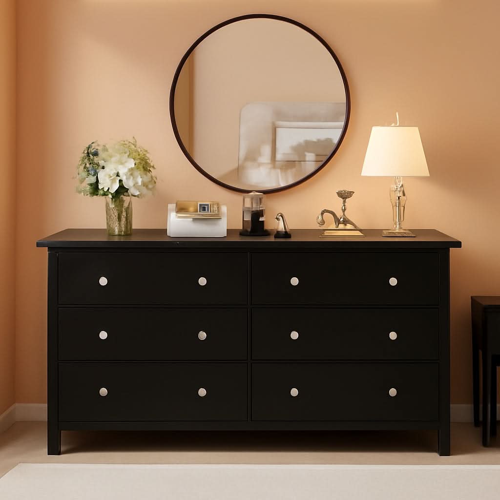 Black Dresser With Six Deep Drawers For TV Storage