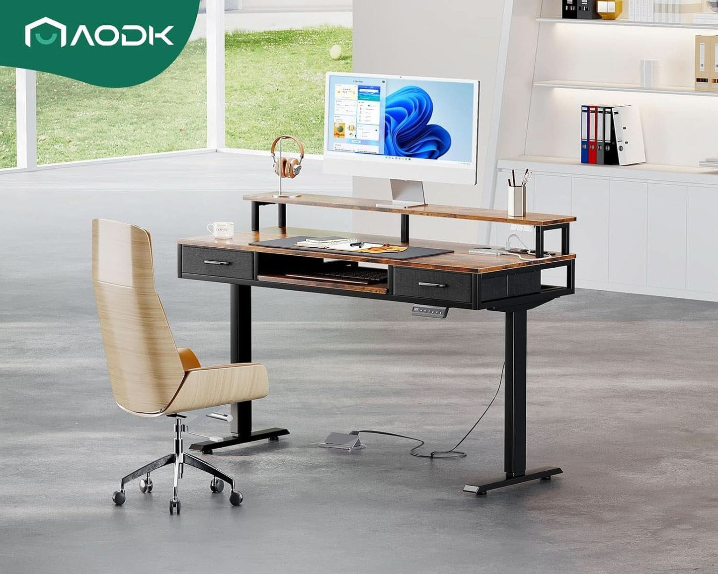 Electric Standing Desk 55 Inch With Drawers Power Outlets