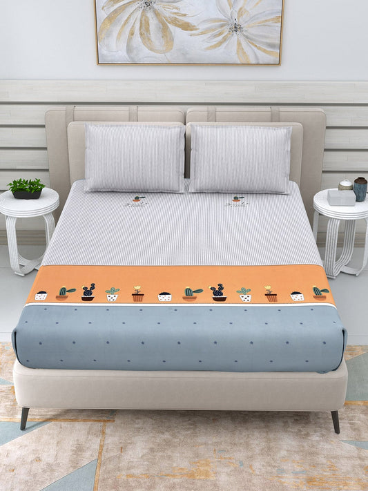 DREAM WEAVERZ White & Peach-Coloured Striped Glazed Cotton 220 TC King Bedsheet with 2 Pillow Covers