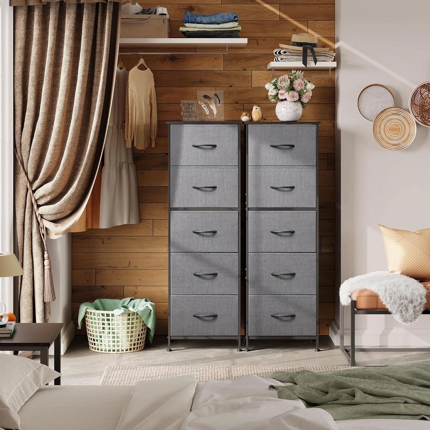 Dark Grey Fabric Dresser 5 Drawer Tall Storage Unit