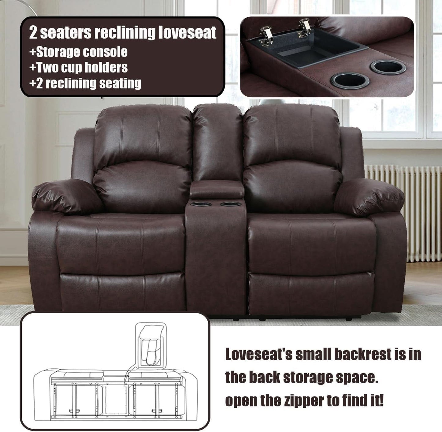 Brown Faux Leather Reclining Living Room Set Sofa Loveseat Chair
