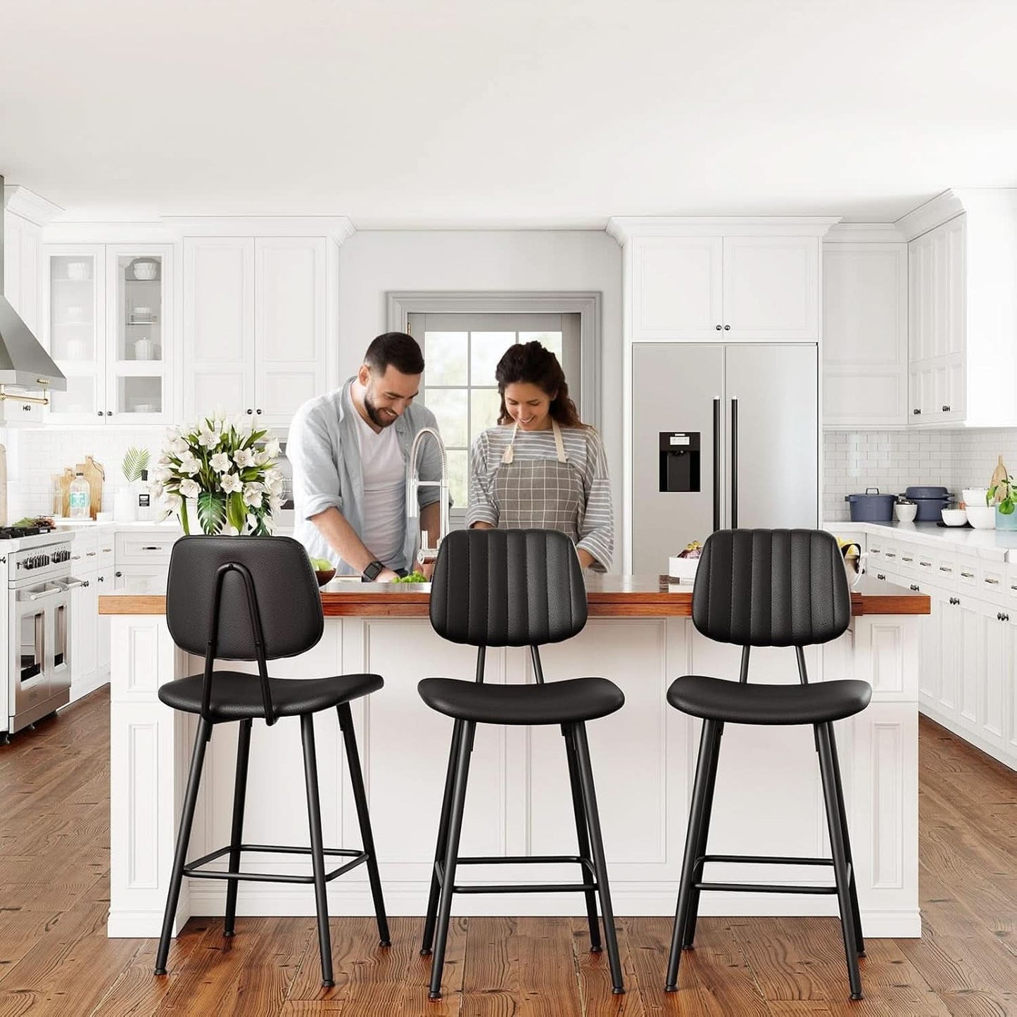 Bar Stools Set 2 24.6In Counter Height Black Faux Leather