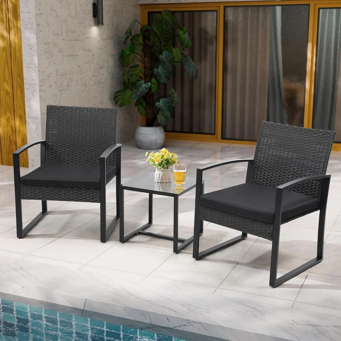Three Piece Wicker Patio Bistro Set With Coffee Table Black Frame For Balcony Porch And Garden Outdoor