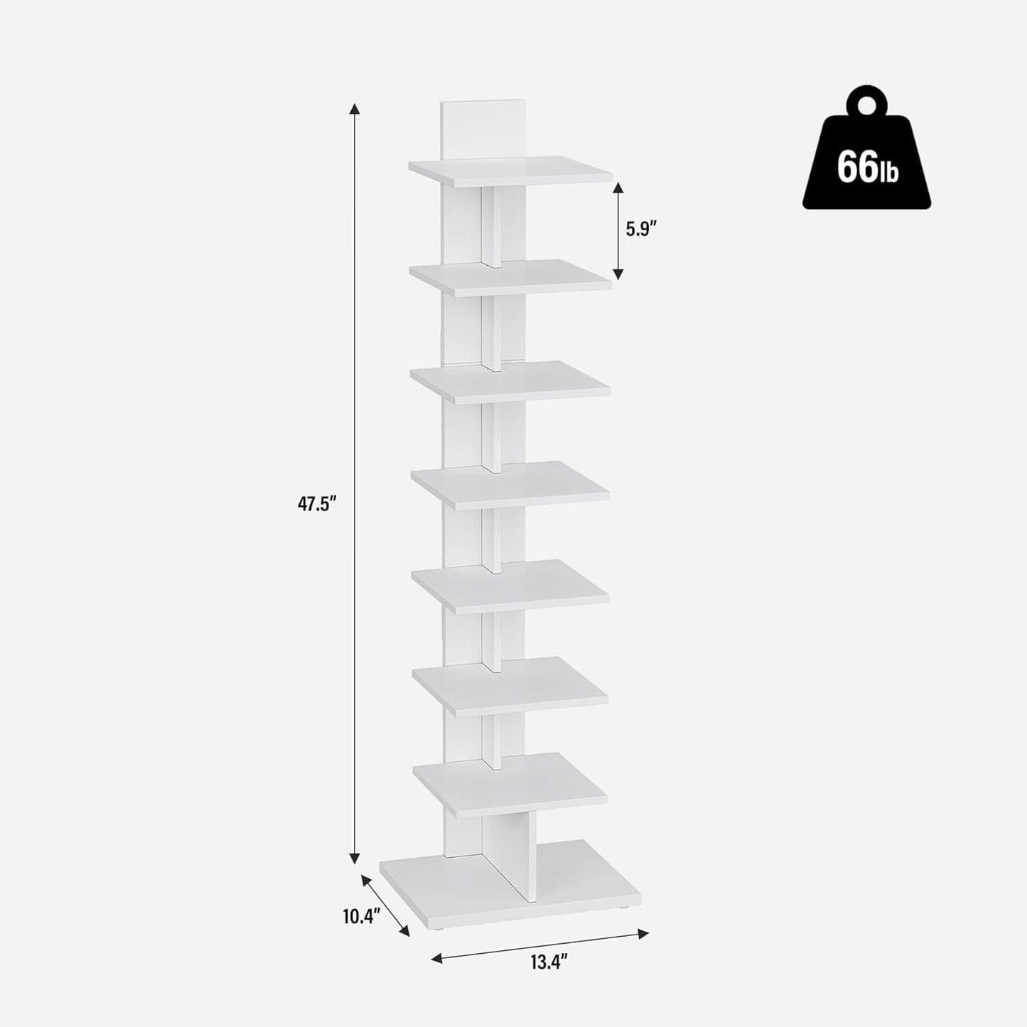 Vertical Bookshelf 8 Tier White Bookcase Living Room
