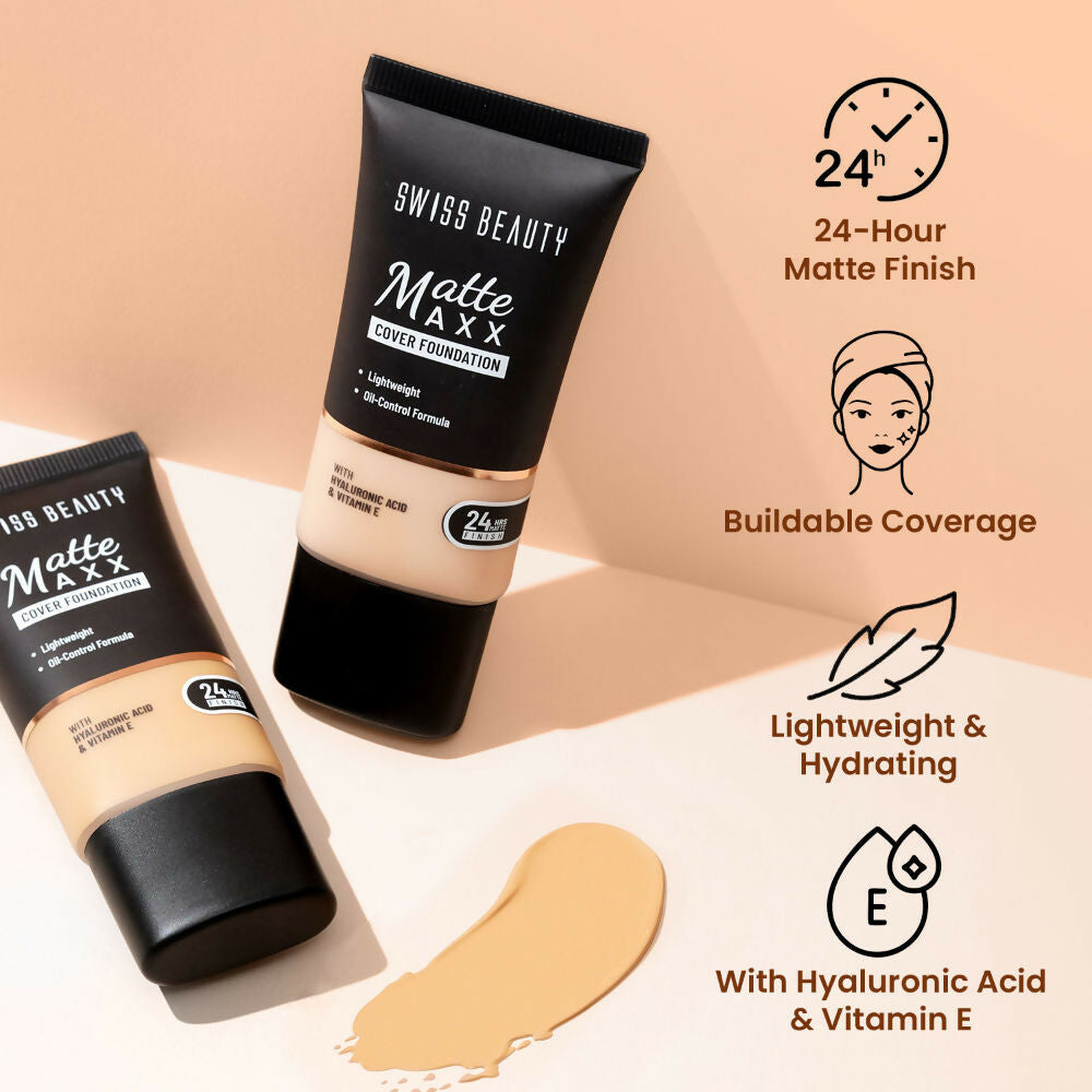 Swiss Beauty Matte Maxx Cover Foundation with Hyaluronic Acid & Vitamin E - 1 Fair Warm