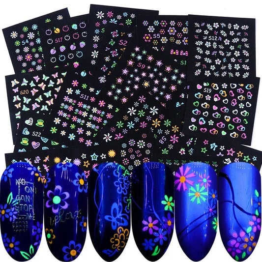 Fluorescent Flowers Nail Stickers Party Butterfly Night Glow Star Decoration Manicure Applique Sliders For Nails Design Fluorescent Light Flame Butterfly Moon Love Pattern Designs Nail Decal Decoration Tips For Beauty Salons Glow in Dark Nail Stickers
