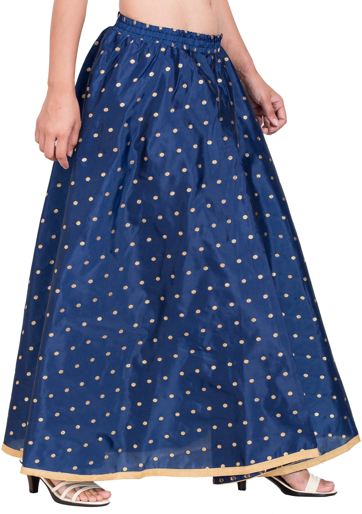 PAVONINE Navy Blue Color Golden Zari Work Satan Fabric Maxi Skirt For Women