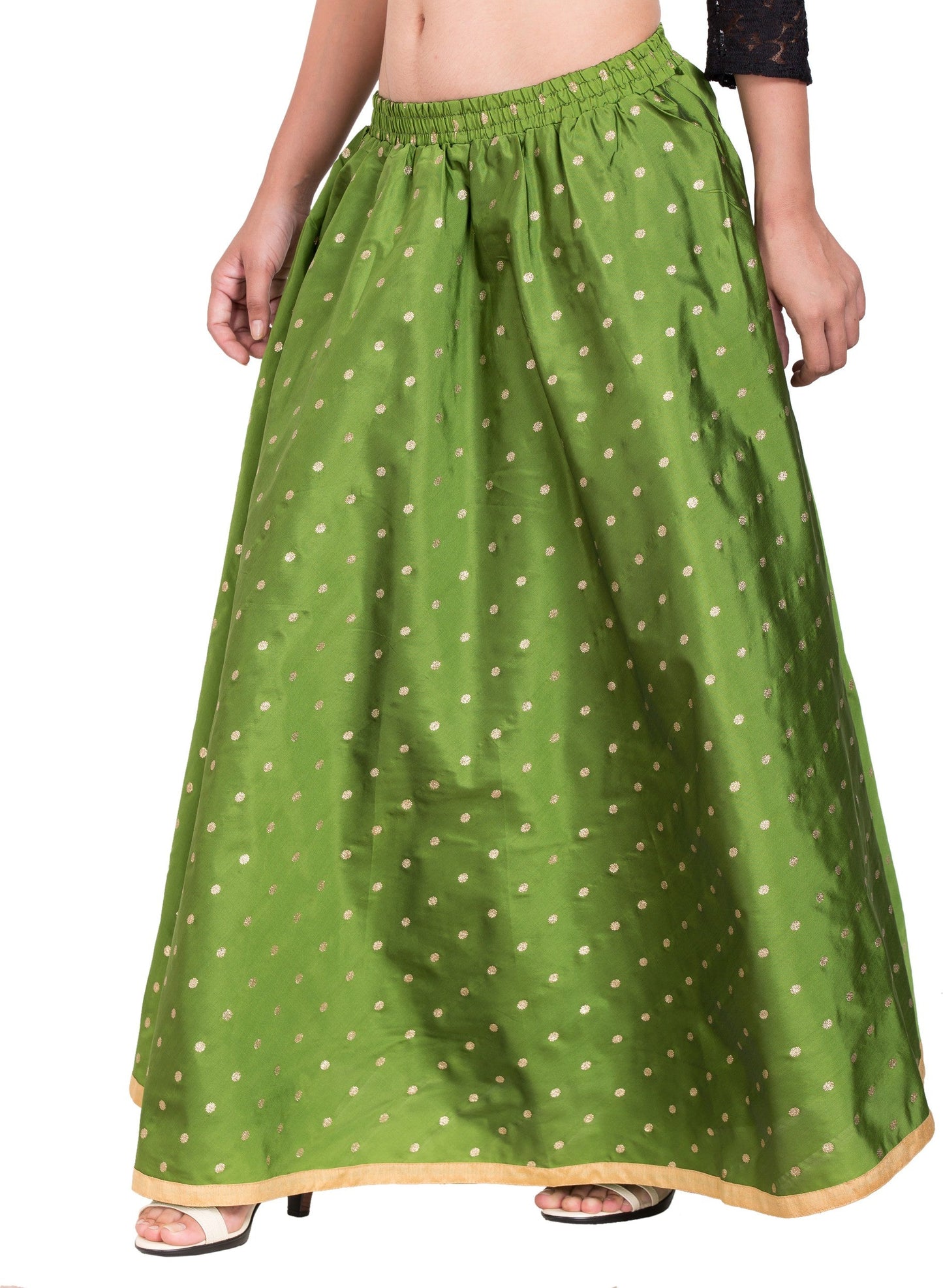 PAVONINE Green Color Golden Zari Work Satan Fabric Maxi Skirt For Women