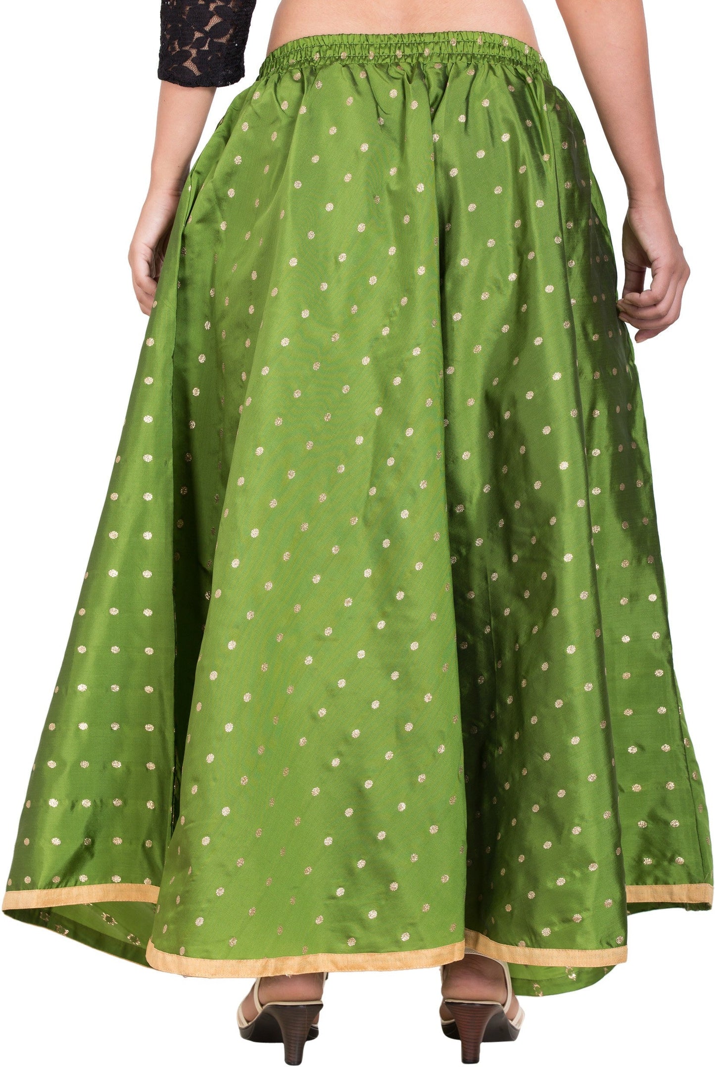 PAVONINE Green Color Golden Zari Work Satan Fabric Maxi Skirt For Women