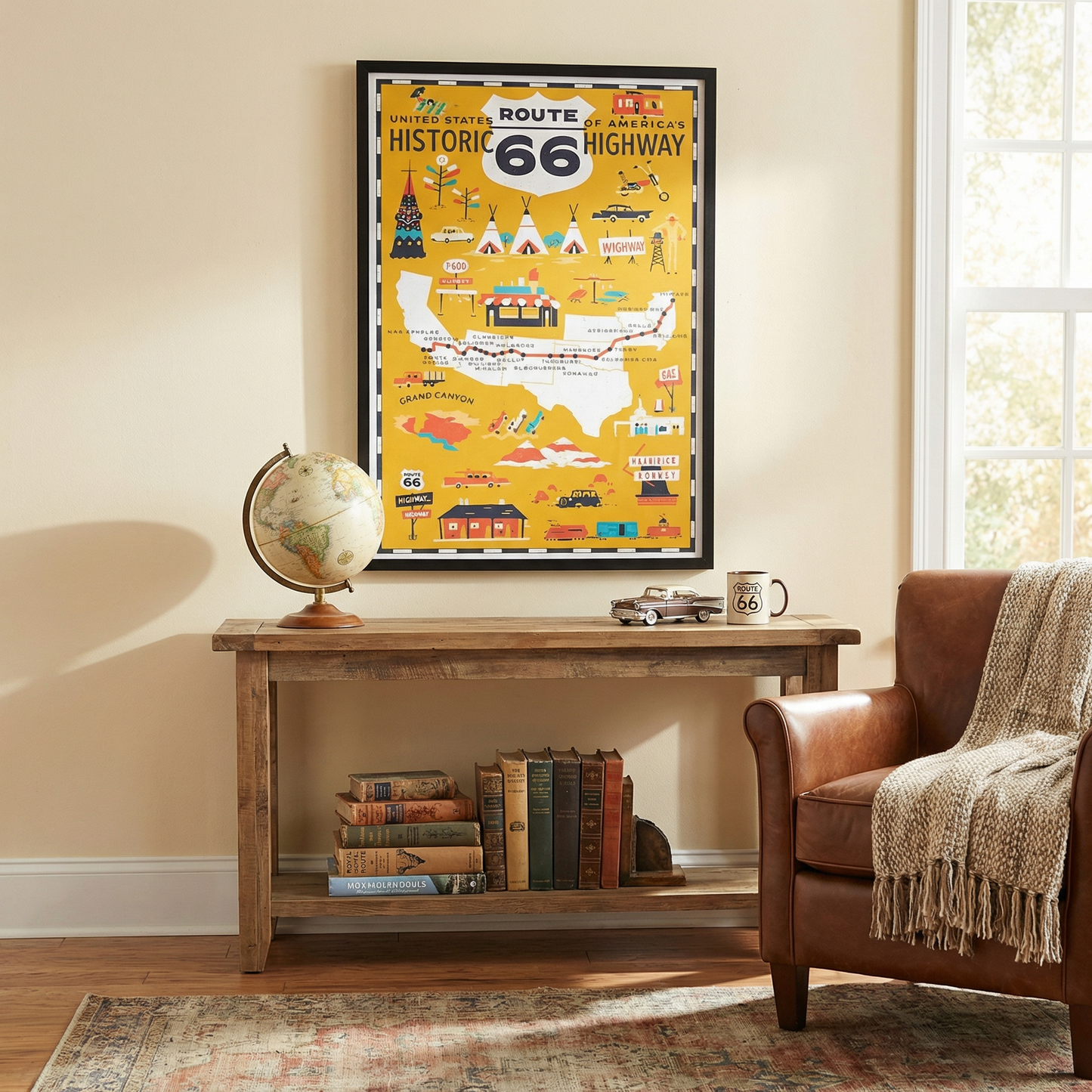 US Route 66 Historic Highway Mustard Yellow Illustrated Scenic 11 in. x 14 in.