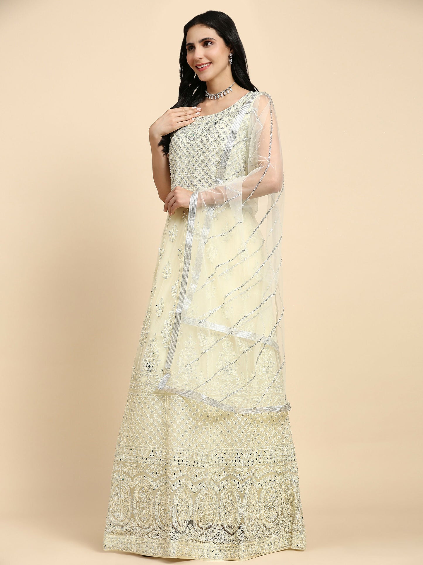 Yellow Net Hand Embroidered Gown - Rudrani