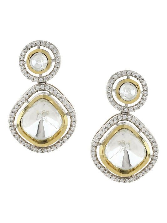 Clear Stone Kundan Earrings with Diamond Detailing- Ruby Raang