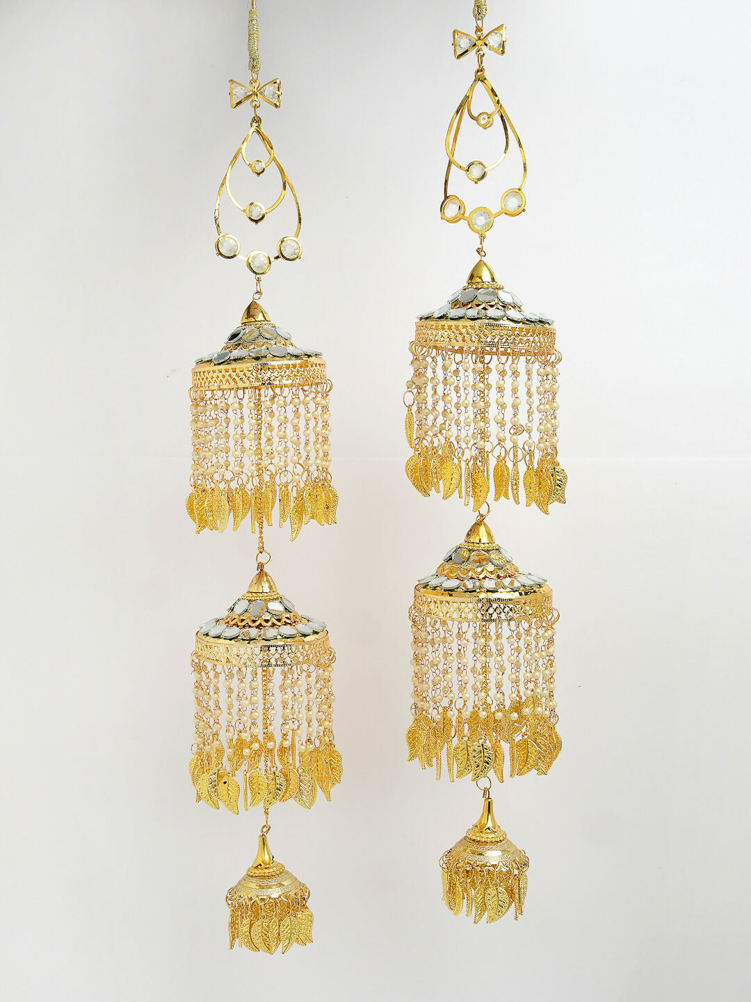 NVR Women's Pack Of 2 Gold-Polished & White Pearl Mirror Work Bridal Layered Kaleera Sets