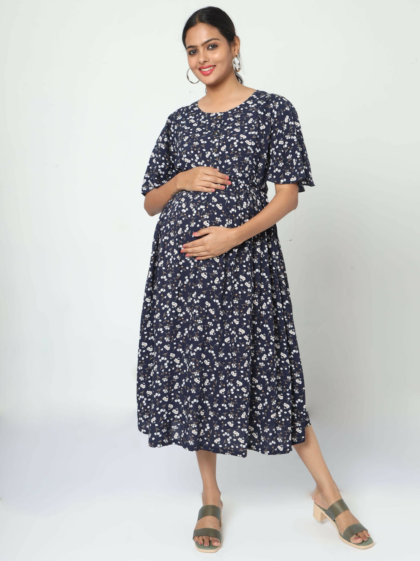 Manet Frill Slevees Maternity Dress Floral Print With Concealed Zipper Nursing Access - Navy