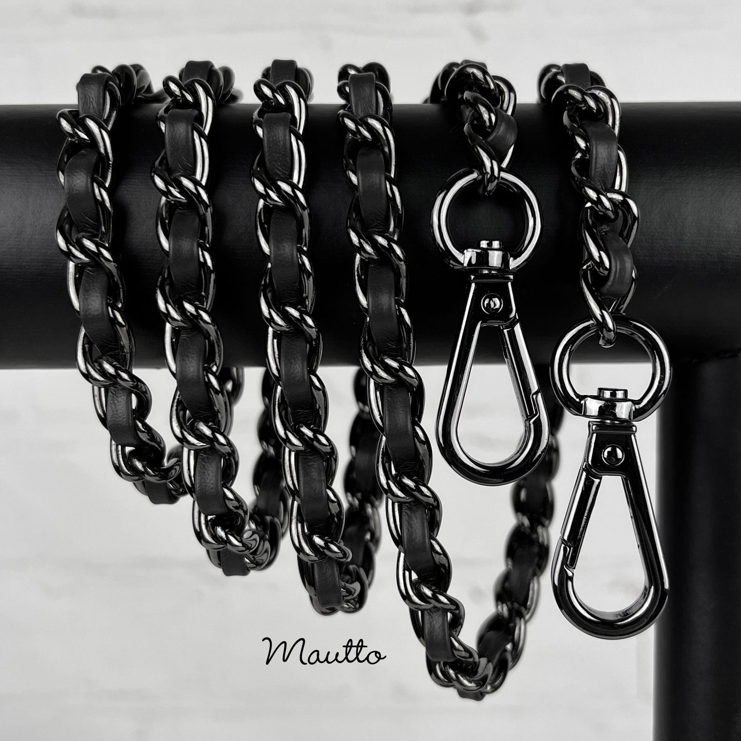 Classic Smooth Curb Chain, Gunmetal Finish with Leather Woven Through - 3/8 inch (9mm) Wide Luxury Strap - Black, Gray & Brown Colors