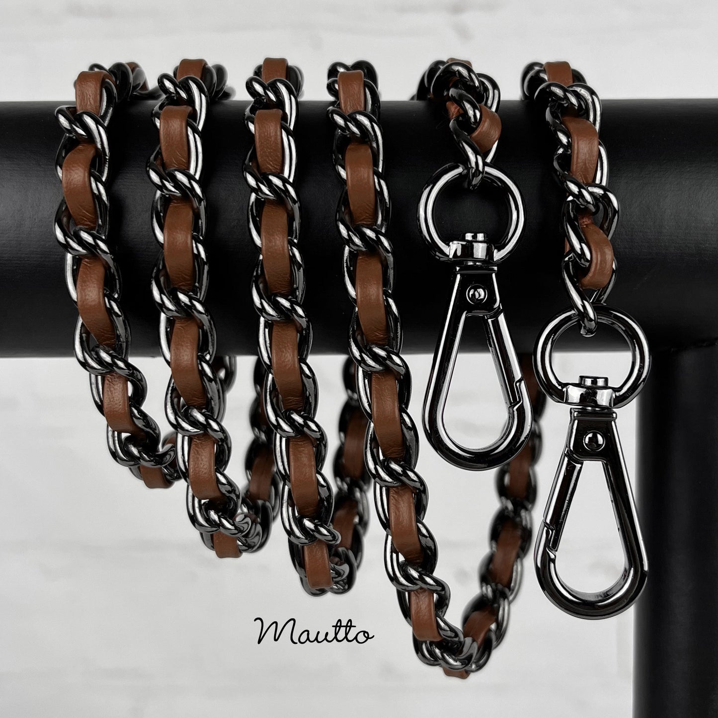 Classic Smooth Curb Chain, Gunmetal Finish with Leather Woven Through - 3/8 inch (9mm) Wide Luxury Strap - Black, Gray & Brown Colors