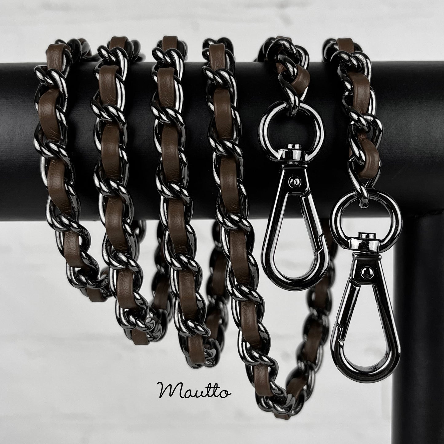 Classic Smooth Curb Chain, Gunmetal Finish with Leather Woven Through - 3/8 inch (9mm) Wide Luxury Strap - Black, Gray & Brown Colors