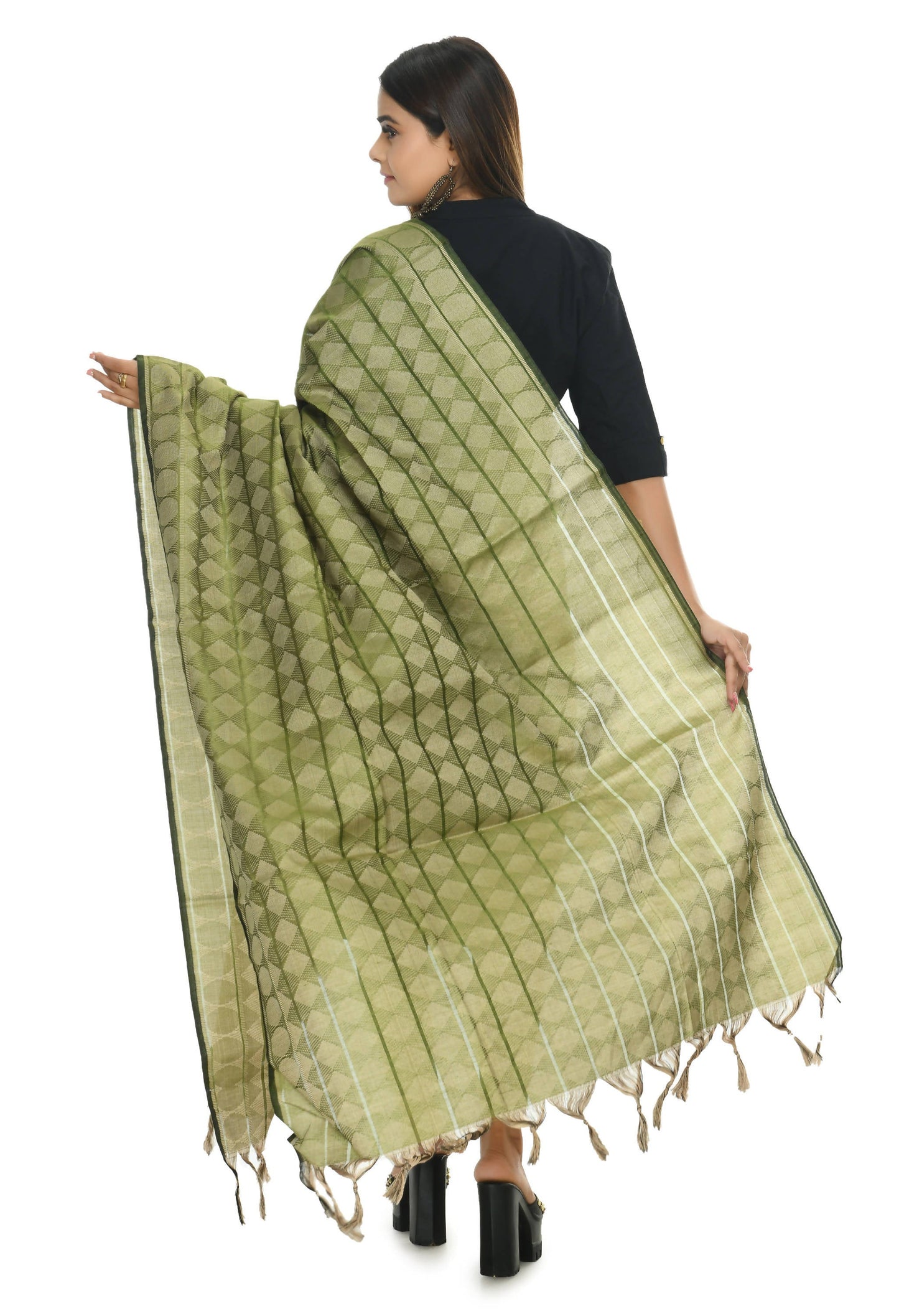Mominos Fashion Moeza Handloom Cotton Mehendi Green Dupatta