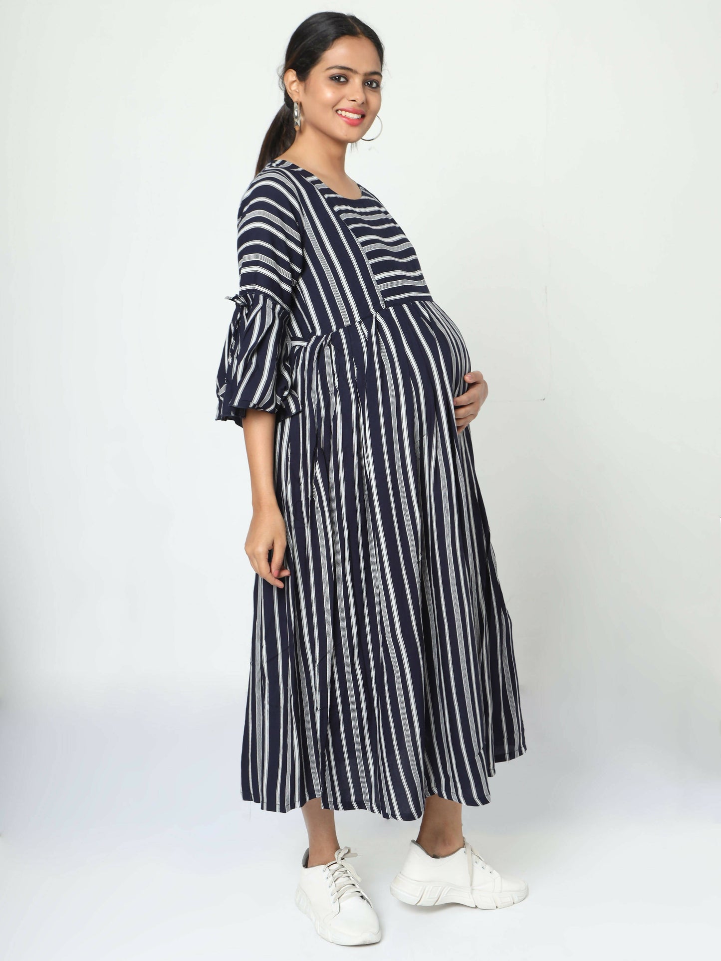 Manet Three Fourth Maternity Dress With Concealed Zipper Nursing Access - Navy Blue