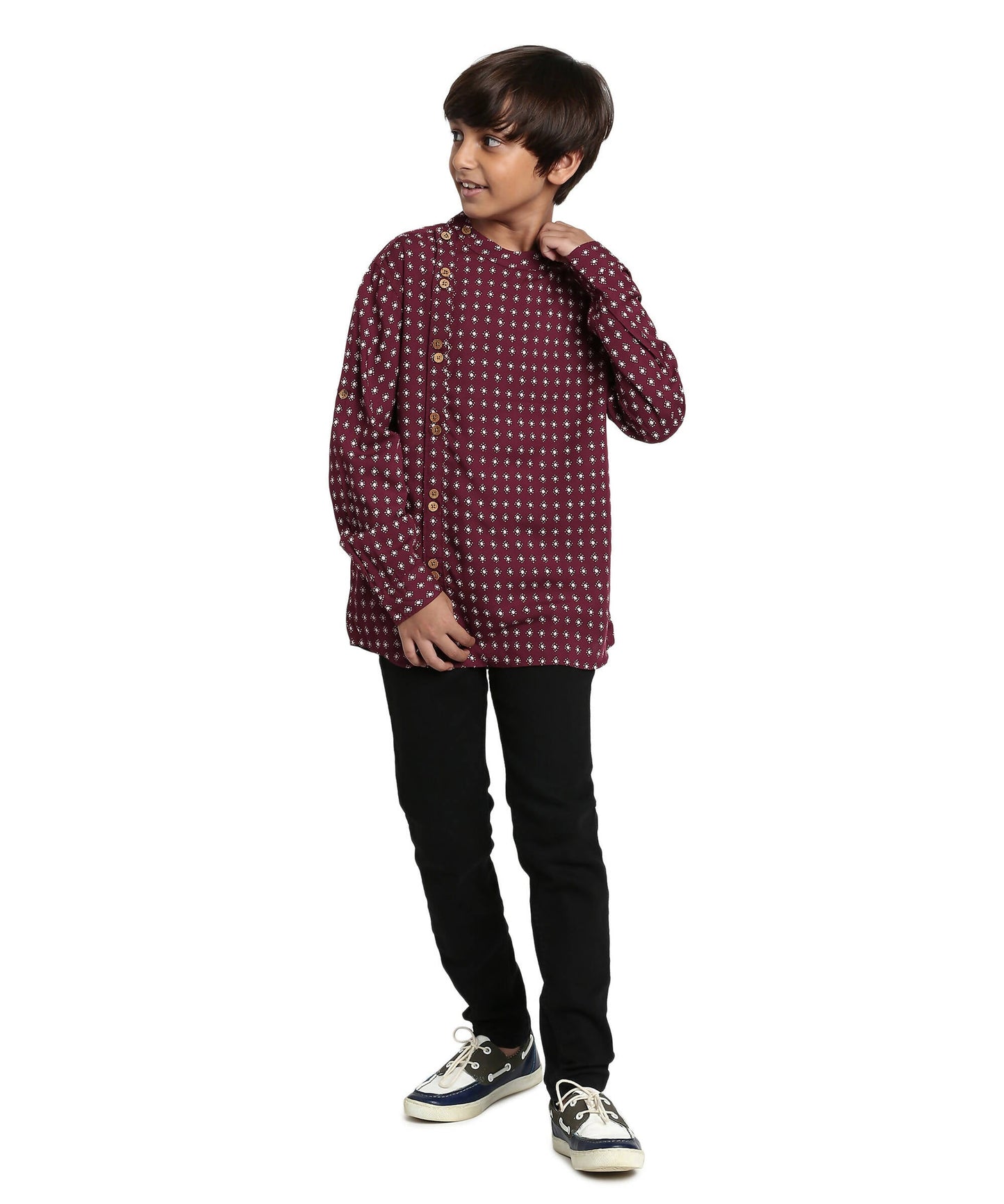 Manet Boys Full Sleeves Dot Printed Ethnic Shirt - Maroon