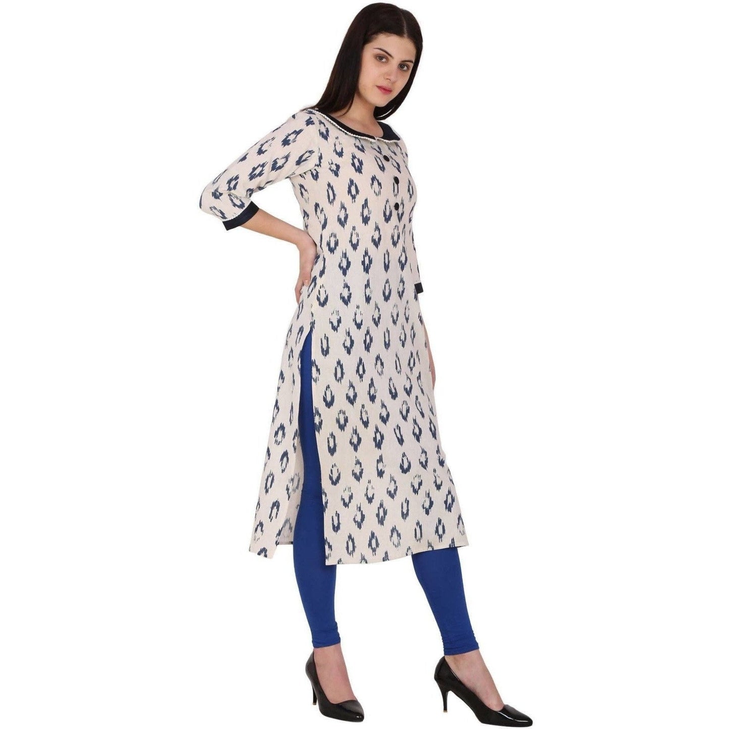 Kanoor Women's White and Blue Cotton Straight Kurti