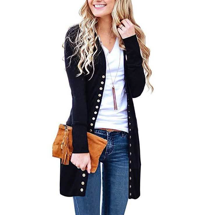Halife Women's Long Sleeve Snap Button Down Knit Ribbed Neckline Cardigan Sweater