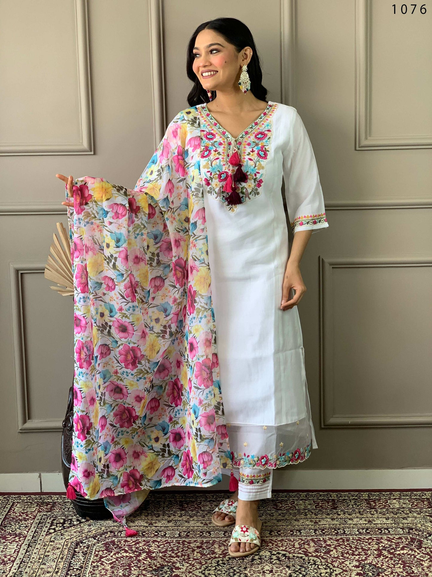 Partywear Designer Chanderi With Cotton Lining White Stitched Suit With Dupatta - Tanisha
