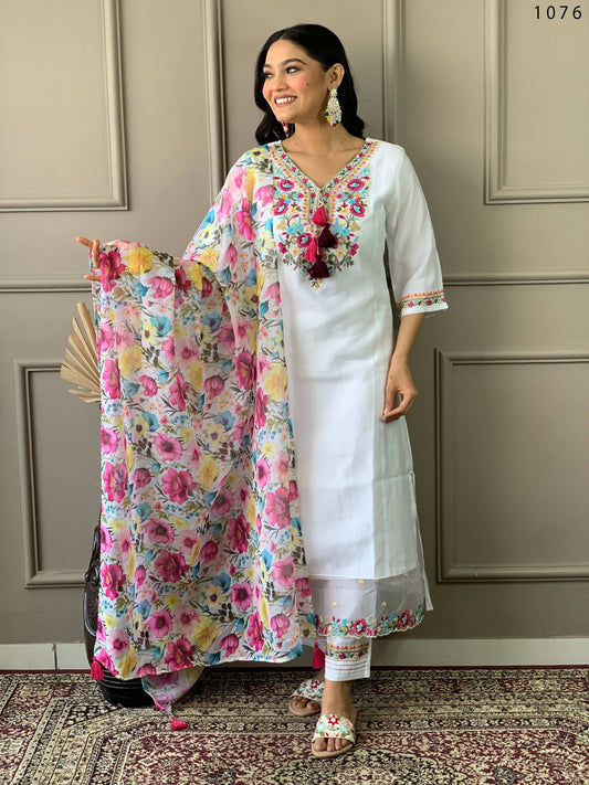 Partywear Designer Chanderi With Cotton Lining White Stitched Suit With Dupatta - Tanisha