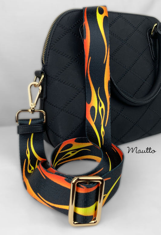 Hot Rod Flames Strap - 1.5" Wide Nylon - Adjustable Shoulder to Crossbody Length - Choose Connector Style & Finish